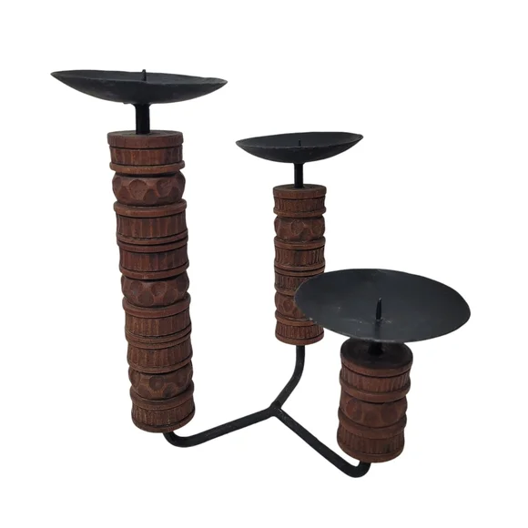 3 Arm tiered pillar candle holder with decorative carved wood accent - Picture 4 of 9